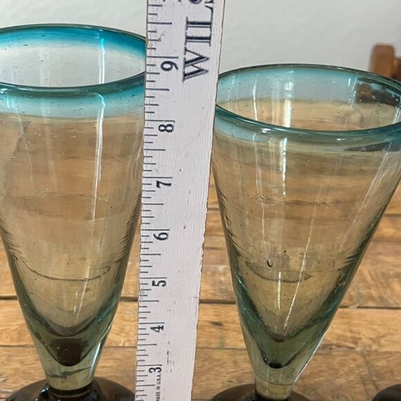 Blue & Green Goblet Wine Glasses Set of 3 Handblown Bubbles Mexico - Picture 4 of 15